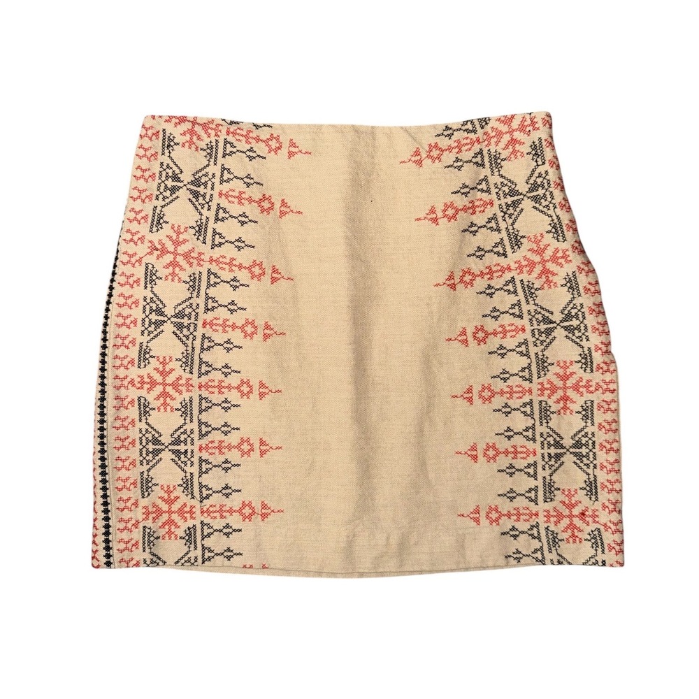 Ann Taylor Loft Mini Skirt Womens 10 Beige Embroidered Cotton Linen Boho
